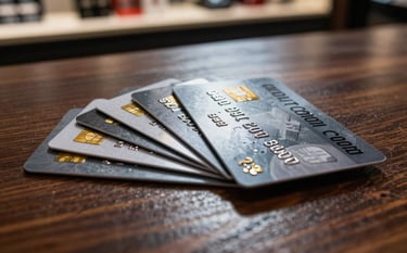 A close-up of several premium credit cards fanned out on a dark, polished wooden table in a high-end retail shop in Mumbai. The lighting highlights the metallic textures of the cards, conveying luxury and financial smarts.