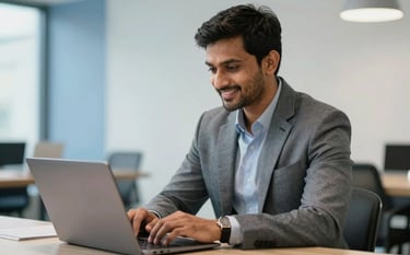 A focused South Asian man in a smart-casual outfit sitting in a modern co-working space, looking at his laptop screen with a smile. The environment is clean and professional, with soft blue and white background tones.