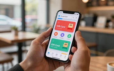 A close-up shot of a hand holding a modern smartphone in a bright, contemporary Indian cafe. The phone screen displays a vibrant digital gift card interface. The lighting is warm and natural, suggesting a professional and energetic atmosphere.