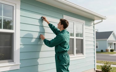Photography of a clean, modern North American / US suburban home exterior during a bright day. A professional technician in a muted forest teal uniform is inspecting the siding. The scene is bright and highlights soft misty aqua accents in the landscape, projecting security and professional care.