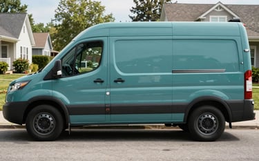 A close-up of a professional North American / US service vehicle parked neatly on a clean street. The vehicle is branded with subtle deep charcoal teal and soft misty aqua elements. The background shows a peaceful residential neighborhood at midday.