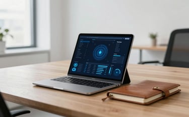 Clean photography of a modern office interior in Lyon, France. A wooden desk holds a tablet with a security dashboard and a leather notebook. Professional lighting, minimalist decor with a color scheme of white and dark navy, symbolizing organized IT management.