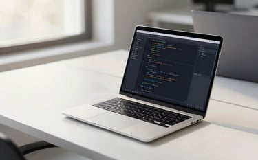 High-end professional photography of a minimalist workspace in a modern French office. A sleek silver laptop displays lines of code in a clean text editor. Soft morning light, professional atmosphere with white and steel blue accents, highlighting a focused IT development environment.