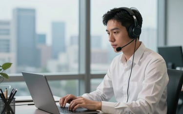 A professional recruiter in a modern International / Global office setting using a laptop and wearing headphones, blurred city skyline through large windows, soft cinematic lighting, palette includes Cloud White and Steel Blue.