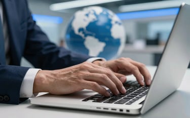 A close-up of hands typing on a laptop in a high-tech International / Global hub, blurred background with blue LED accents, sharp focus, professional and innovative mood, palette of Deep Navy Blue and Cloud White.