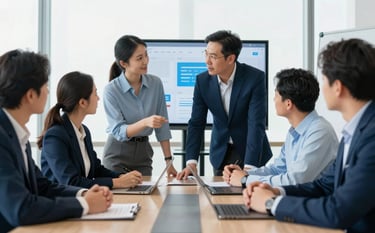 A group of professionals in a International / Global boardroom discussing a digital project on a screen, collaborative atmosphere, bright natural light, professional attire, palette features Deep Navy Blue and Soft Sky Blue.