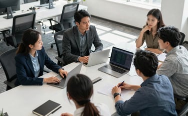 A clean, high-angle photography shot of a collaborative digital marketing strategy session in a sunlit North American / US office. Professionals review a clean workspace with white and deep obsidian black accents. High-end, innovative atmosphere, contemporary elegance.