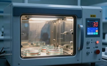 A specialized biological incubator with a digital control panel showing temperature and humidity levels. Inside, glass culture plates are visible. The setting is a state-of-the-art East Asian / Chinese clinical laboratory. The composition is focused and precise, featuring steel blue and dark slate blue tones.