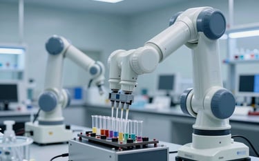 A sophisticated laboratory robotic arm performing high-speed liquid pipetting into multiple test tubes. The scene is set in a modern East Asian / Chinese manufacturing and research hub. The aesthetics are futuristic and innovative, utilizing a light blue and soft off-white color palette.