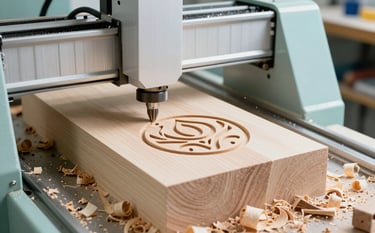 A high-precision CNC machine carving a detailed logo into a light-grained wood block in a bright European / French workshop. The scene shows wood shavings and a professional atmosphere with Pearlescent White and Soft Aqua tones.