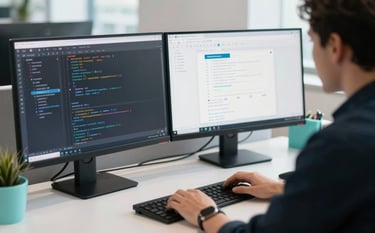 A professional in a modern European / French office setup with dual monitors showing web code and a clean UI design. The lighting is bright and natural with Pearlescent White tones and Soft Aqua accents on the desk accessories. High-quality photography, sharp focus.