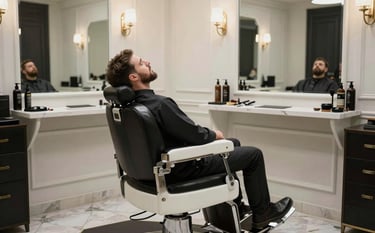 A man reclining in a vintage leather barber chair in a sophisticated Tulcea barber shop. Wide shot showing an elegant mirror and grooming products, soft moody lighting, European / Romanian interior design, dominated by Deep Black and Off-white colors.