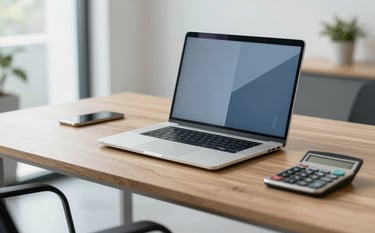 A clean and modern office environment with a focus on a high-end wooden desk, a sleek laptop, and a calculator, representing modern efficiency. The lighting is bright and natural, reflecting the brand's reliability. The color palette incorporates shades of #4F6D7A and #8CB3C7 in the decor.