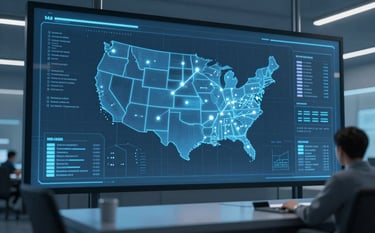 A high-tech logistics control room where a digital map of the USA is displayed on a sleek glass screen. Glowing data points and lines indicate real-time tracking of a fleet. The atmosphere is professional and technologically advanced, using a palette of #2D4B6C and #8DAEC2. Soft ambient blue lighting.