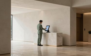 Interior shot of a minimalist, luxury building entrance hall. Polished stone floors reflect soft off-white lighting. A property manager in a muted sage green suit is checking a digital terminal. The atmosphere is professional and secure.