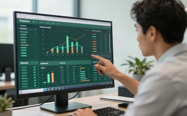 A high-end corporate office setting in Australia / International style. A professional consultant reviews a complex data dashboard on a large monitor, reflecting precision and data-driven monitoring. The scene is illuminated by soft, natural light with a color palette of deep forest green and snowy mist white.