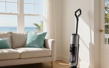 A bright, high-end North American / US home interior, featuring a meticulously cleaned living room with warm sunlight streaming through large windows. Fresh, airy coastal vibe with light alabaster walls and soft turquoise cushions. A modern vacuum cleaner stands neatly in the corner. Professional editorial photography, crisp details, showcasing ultimate cleanliness and reliability.