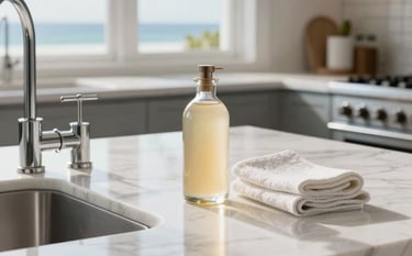 An immaculate North American / US luxury kitchen with polished white marble countertops reflecting pristine light. Sleek chrome fixtures gleam. An elegant glass bottle of organic soap and a soft microfiber cloth sit neatly arranged on the counter. Bright, airy coastal breeze aesthetic, high-end professional residential photography.