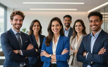 A diverse group of successful South American professionals smiling confidently in a modern Brazilian corporate lounge. The environment is high-end, clean, and empowering. Professional lighting highlighting success and trust. Palette of navy blue and sky blue.
