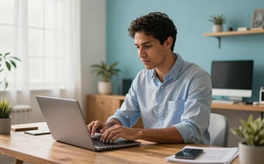 A focused South American professional working on a modern laptop in a bright, sun-drenched Brazilian home office with contemporary wooden furniture. Soft morning light, clean and inspiring atmosphere. Palette features sky blue and teal accents in the background.
