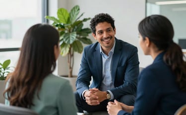 A professional South American mentor and a candidate engaged in an empowering coaching session. Bright, modern Brazilian office setting with large windows and lush indoor plants. Optimistic lighting, shallow depth of field. Palette includes teal and navy blue.