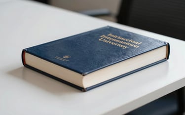 A close-up photograph of high-end, leather-bound academic journals resting on a polished white desk in an International Academic university study. The scene is illuminated by soft, natural light, featuring tones of Midnight Blue and Alabaster White. The atmosphere is quiet, sophisticated, and focused.