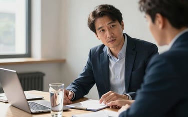 An over-the-shoulder view of a mentor providing feedback to a researcher in a sunlit International Academic office. A glass of water and a laptop are on the desk. The style is professional photography with a focus on Alabaster White, Midnight Blue, and subtle wood tones.