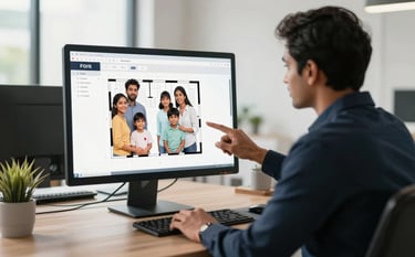 An eye-level medium shot of a professional real estate consultant in an elegant office, showing a digital floor plan to a South Asian family, captured in a bright, trustworthy, and modern atmosphere.