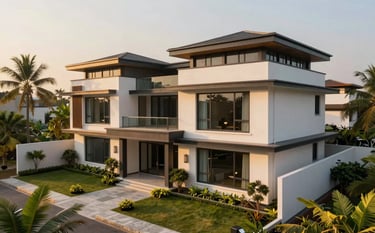 A high-angle photography shot of a luxury modern residential villa in Chennai, featuring contemporary South Asian architectural elements, large glass windows, and a manicured tropical garden under the warm golden hour sun.