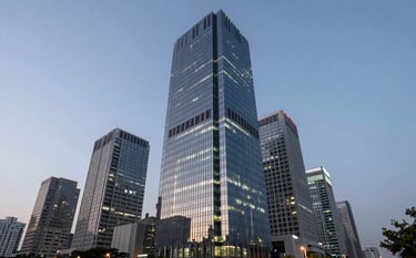 A wide-angle professional photograph of a sleek, glass-fronted commercial skyscraper in a prominent South Asian business district at twilight, with sophisticated urban lighting and a sense of premium corporate scale.