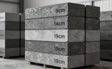 A professional architectural shot of stacked 9cm, 14cm, and 19cm concrete blocks in a clean, modern warehouse setting. The lighting is crisp and industrial, highlighting the solid and durable texture of the concrete. The color palette features deep grays and whites consistent with the brand colors #1C1C1E and #F5F5F7.