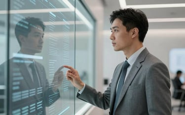 A sharp professional in a modern North American / US corporate environment, gazing at a futuristic glass display panel reflecting data. Soft slate gray and pearl white lighting. Intelligent and sophisticated mood.