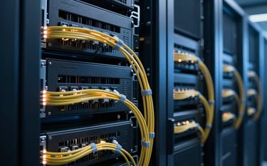 A sleek server room with glowing fiber optic cables in a high-tech North American / US data center. Deep midnight blue and muted steel blue lighting. Forward-looking, tech-heavy atmosphere.