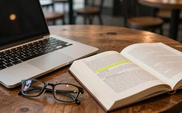 Photography of a close-up on a charcoal wooden table in a North American / US urban cafe. A laptop is open next to an open book with highlighted text and spectacles. The lighting is warm and focused, suggesting deep intellectual work.