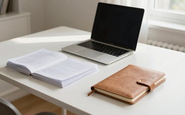 Photography of a bright, modern study in a North American / US home. On a soft off-white desk sits a stack of academic papers next to a sleek laptop and a warm taupe leather notebook. Natural light fills the room, creating an inspiring and intellectual atmosphere.