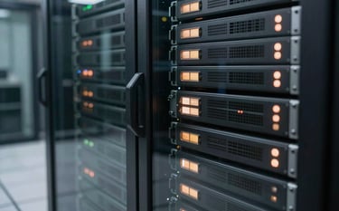 A detailed, professional photography shot of a high-tech server dashboard reflecting on a polished glass surface. The scene is set in a modern South American data center environment, using a palette of charcoal, warm sand, and subtle terracotta light indicators.
