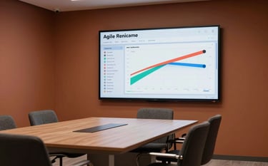 A minimalist meeting room in a Brazilian innovation hub, focus on a large screen displaying agile project management boards and velocity charts. The room features warm terracotta-colored walls and charcoal furniture, exuding professionalism and efficiency.