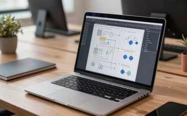 A close-up of a modern workstation in a South American tech office, featuring a high-end laptop on a sand-colored wooden desk showing professional software architecture diagrams. The lighting is natural and soft, emphasizing a clean and organized engineering environment with charcoal and terracotta accents.
