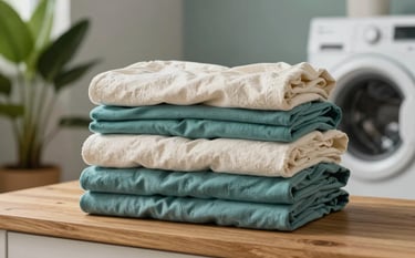 Clean, neatly folded laundry stacked on a wooden surface in a modern South American laundry room. Soft green plants in the background. High-key lighting, professional and calming. Palette: muted teal and cream.