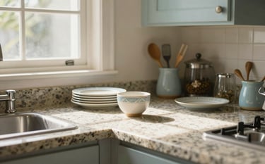 A bright and airy South American kitchen with polished surfaces and organized utensils. Soft sunlight streams through a window, highlighting a clean granite countertop. Professional photography, sharp focus, using cream and light blue tones.
