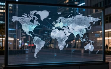 A high-speed capture of a data visualization on a glass screen, with a blurred background of a modern city at night. Tones of deep navy and light blue grey suggest global connectivity and innovative financial technology in the creative arts.