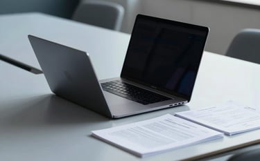 A close-up of a high-end designer meeting table in a minimalist London office. A sleek laptop and professional documents are laid out. The color palette features light blue grey and muted blue accents, looking authoritative and visionary.