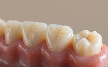 Close-up of a high-quality dental implant model and ceramic crown on a neutral background. The lighting is warm with gold (#C09C63) highlights, reflecting professional restorative dentistry and advanced tech.