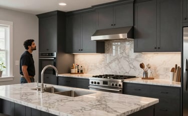 A high-end modern kitchen in a North American / Canadian (with South Asian cultural influence) home. The kitchen features custom dark slate grey cabinetry, professional lighting, and polished quartz countertops. A professional renovation expert is visible in the background inspecting the work.