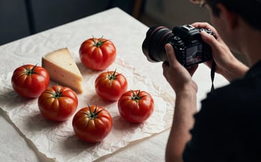 A professional photographer in a Western European / North American studio, capturing a flat lay of fresh heirloom tomatoes and artisanal cheeses on a crisp parchment colored cloth. High-contrast lighting with deep ripe crimson tones.