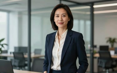 A clean, professional portrait of a business coach in a modern North American / US glass-walled office, wearing attire in midnight navy and soft alabaster. The lighting is soft and natural, emphasizing a leadership mood.