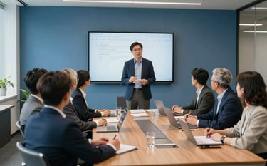 A wide shot of a professional mentor leading a workshop in a sleek North American / US corporate boardroom. The room features slate blue and sky blue accents, with confident professionals engaged in strategic discussion.