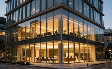 An architectural wide shot of a modern, glass-walled North American / US corporate headquarters at dusk. The interior glows with warm amber yellow light, showcasing a professional and forward-thinking enterprise environment that conveys trust, innovation, and stability.