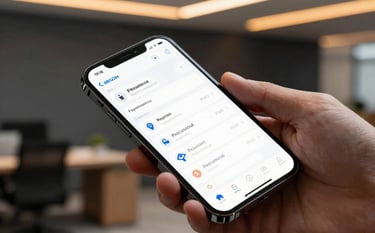 A close-up, sharp photography shot of a sleek mobile interface being tested on a high-end smartphone in a North American / US corporate environment. The background shows a blurred, modern office with dark grey walls and warm amber lighting, emphasizing reliability and technical precision.