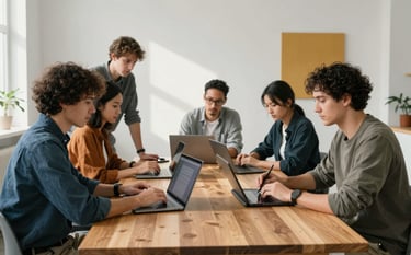 A professional North American / US creative studio setting where a team of focused developers and designers are collaborating around a large wooden desk with modern tablets and high-end laptops. The room is filled with soft, natural morning light, featuring a clean white and grey interior with subtle amber yellow accents in the decor.